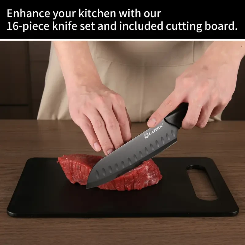 15 Pieces Professional Kitchen Knife Set with Black Wooden Block, Non-slip ABS Handle, Plastic Cutting Board, and Kitchen Shears