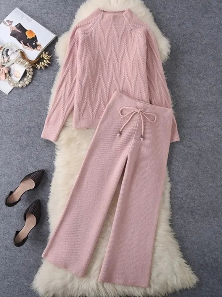 Fall Winter Knitted 2-Piece Set - Half Turtleneck Sweater & Wide Leg Pants Suit