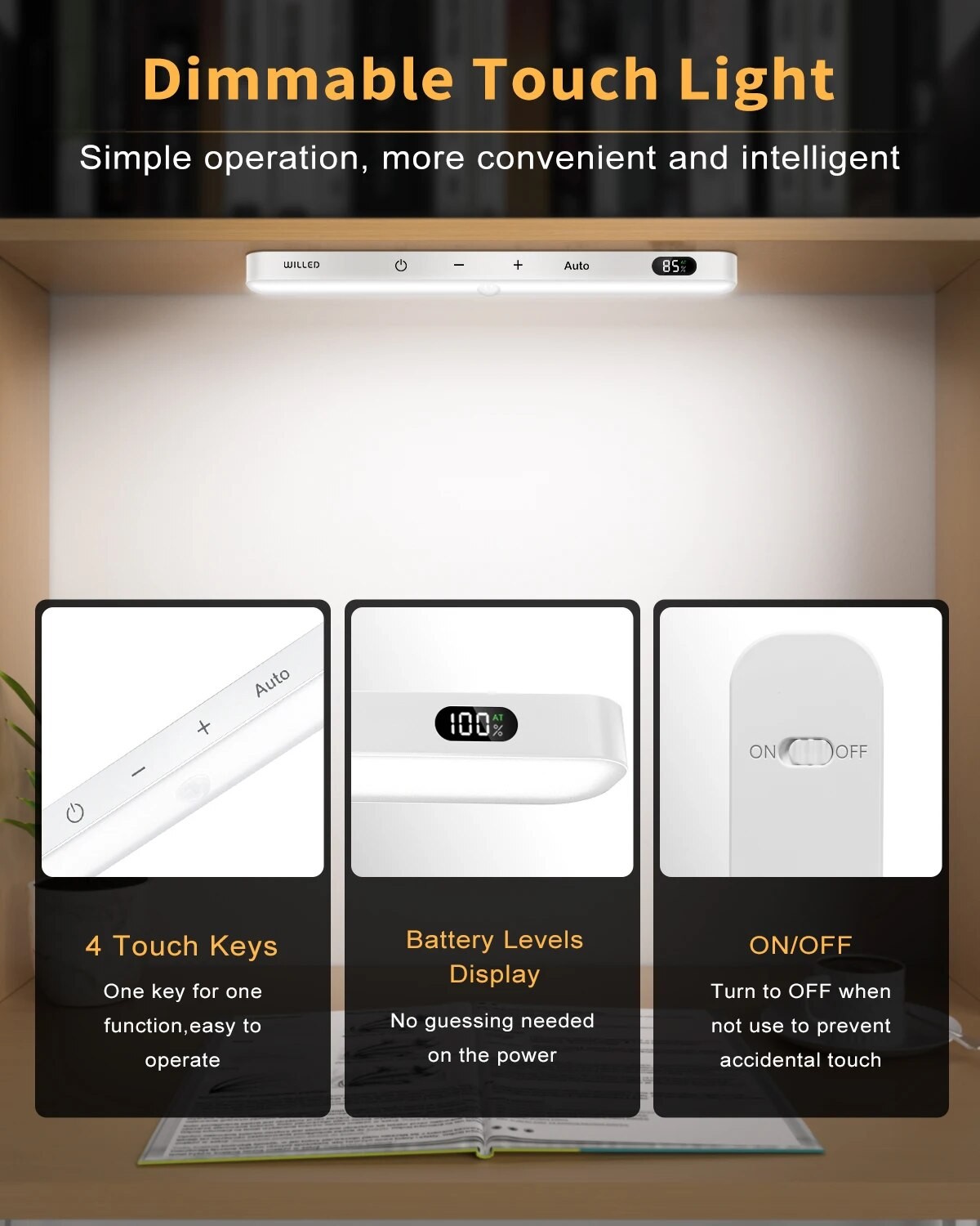 WILLED Motion Sensor Cabinet Light - 60 LED Wireless Rechargeable Touch Light Bar