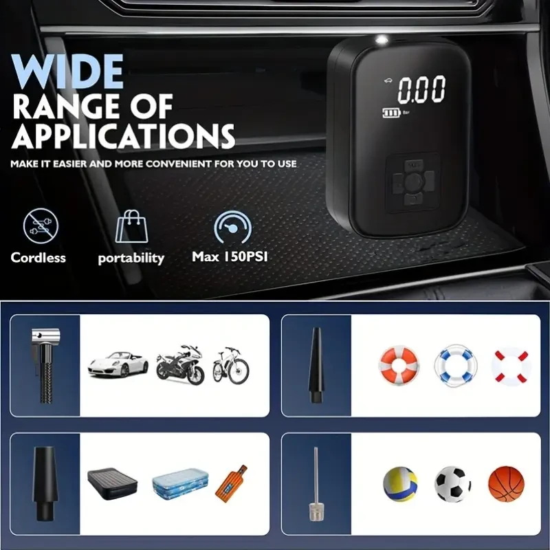 Digital Display Portable Air Compressor with USB Charging & LED Light