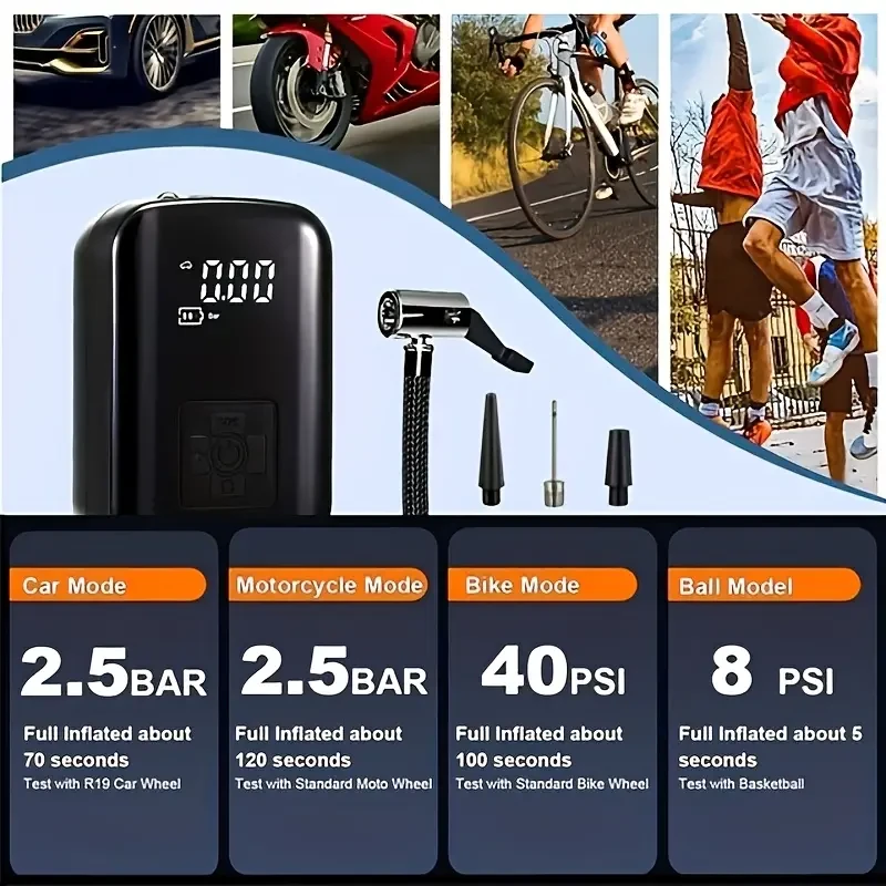 Digital Display Portable Air Compressor with USB Charging & LED Light