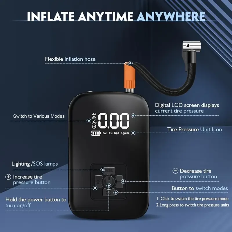Digital Display Portable Air Compressor with USB Charging & LED Light