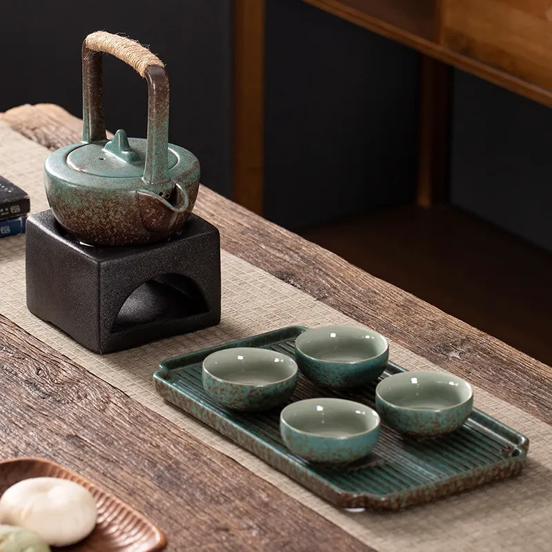 Stoneware Japanese Kung Fu Tea Set, One Pot, Four Cups With Dry Tea Tray, Tea Maker, Warm Tea Gift Box Set