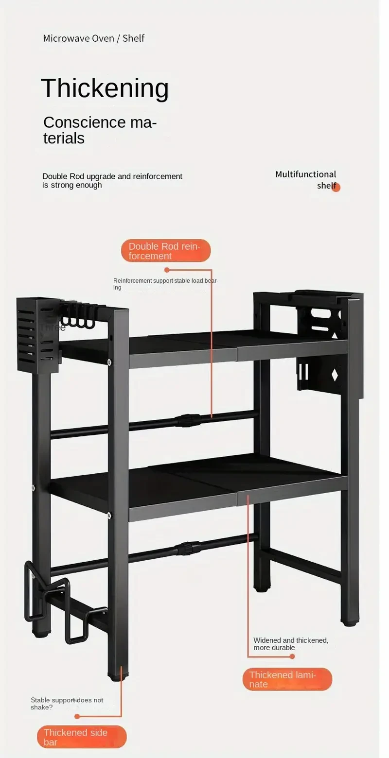 1pc LANTUTU Expandable Microwave Oven Rack - Stainless Steel 2-Tier Countertop Organizer with 6 Hooks, Ideal for Kitchen Utensils & Spices Storage - Perfect Mother's Day Gift