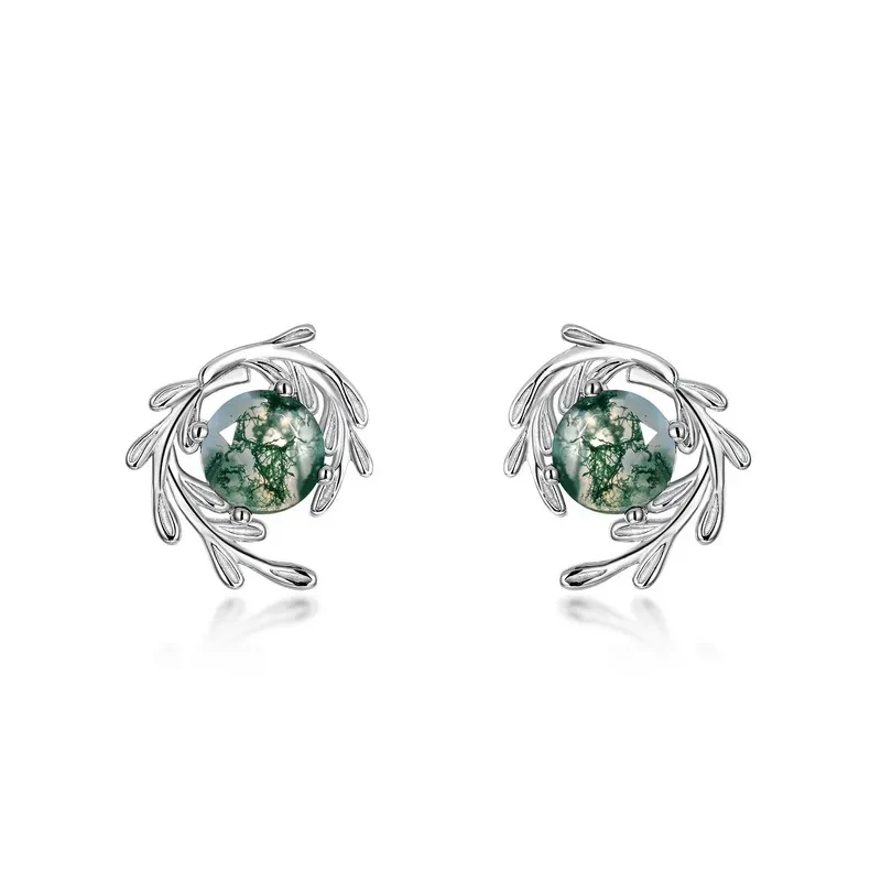 Women's Green Moss Stone Water Plants Agate Earrings