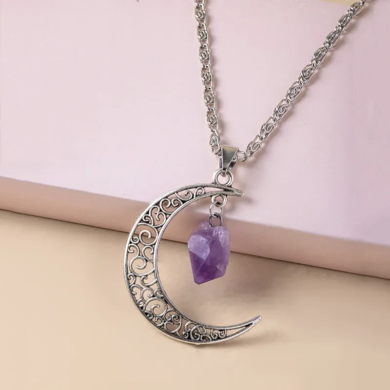 Vintage Purple Natural Stone Moon Necklaces For Women