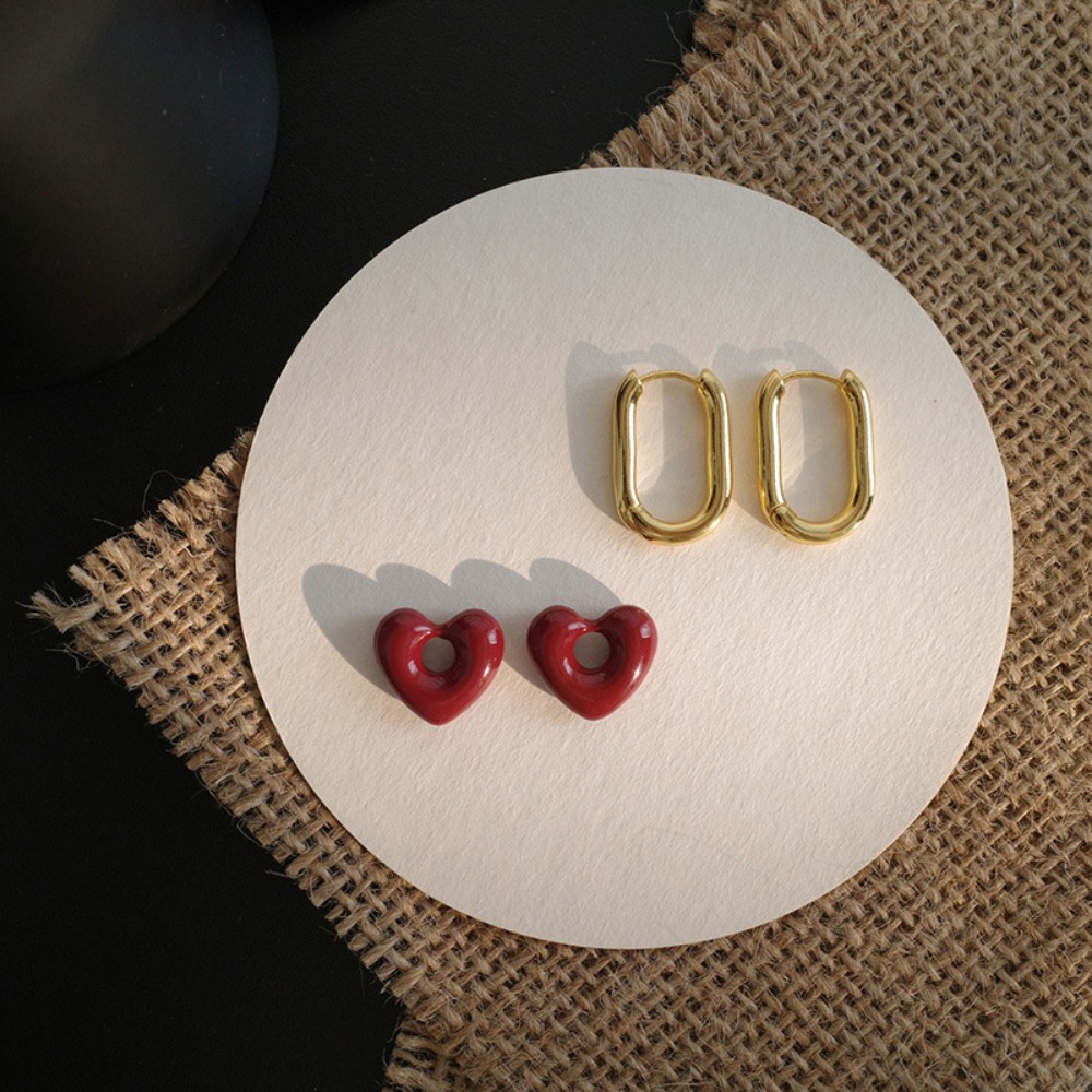French Retro Wine Red Heart Pendant Earrings