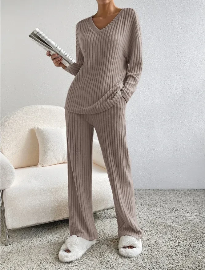 Fashion Solid Striped Suit V-neck Long-sleeved Top And Casual Straight Pants Loose Temperament Women's Clothing