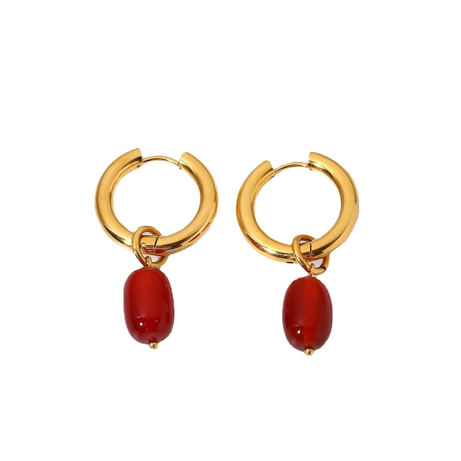 Women's Double Gold Plated Onyx Stone Pendant Stainless Steel Earrings
