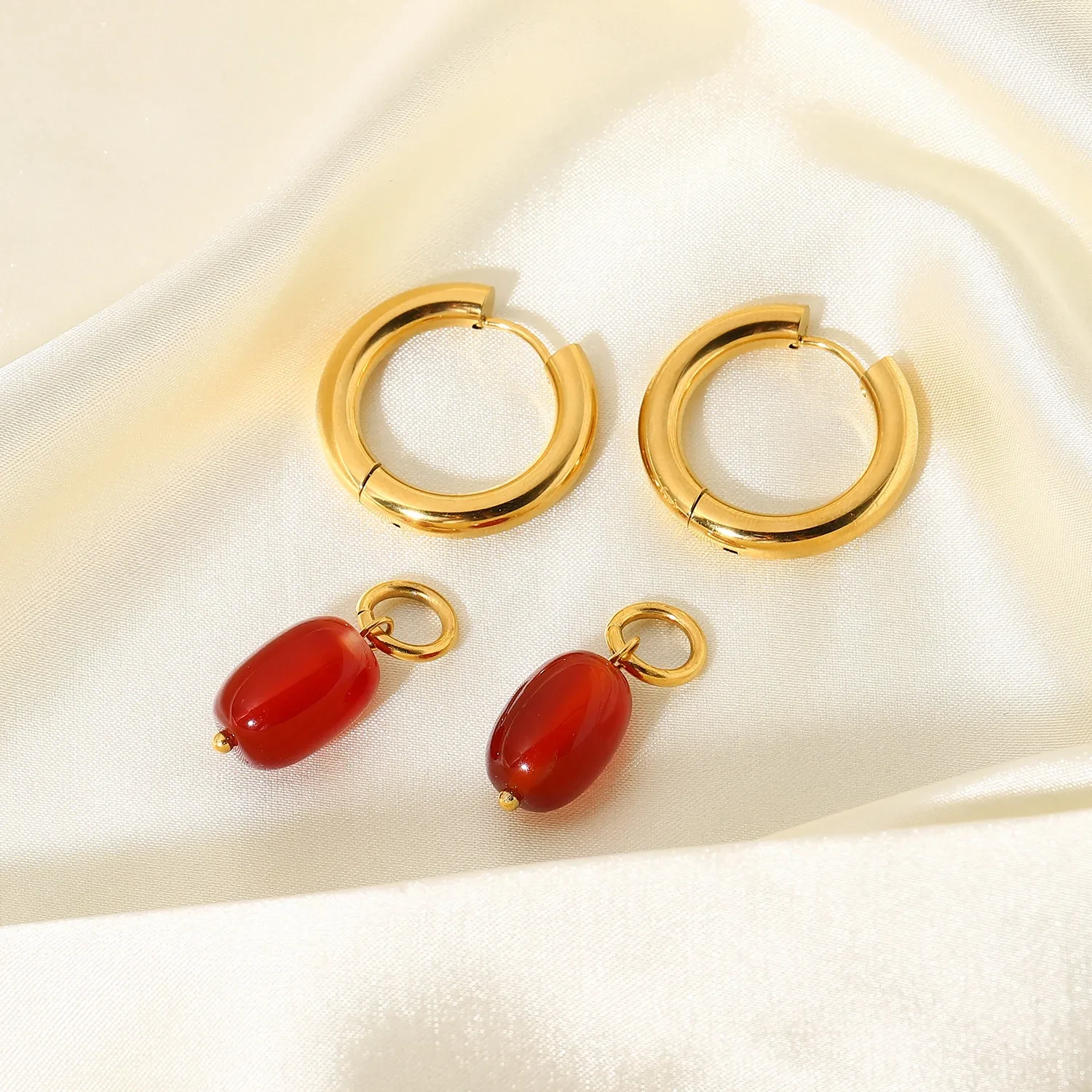 Women's Double Gold Plated Onyx Stone Pendant Stainless Steel Earrings