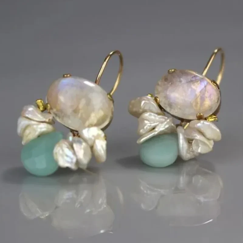 Creative Opal Geometric Inlaid Pearl Two-tone Round Stone Hanging Earrings