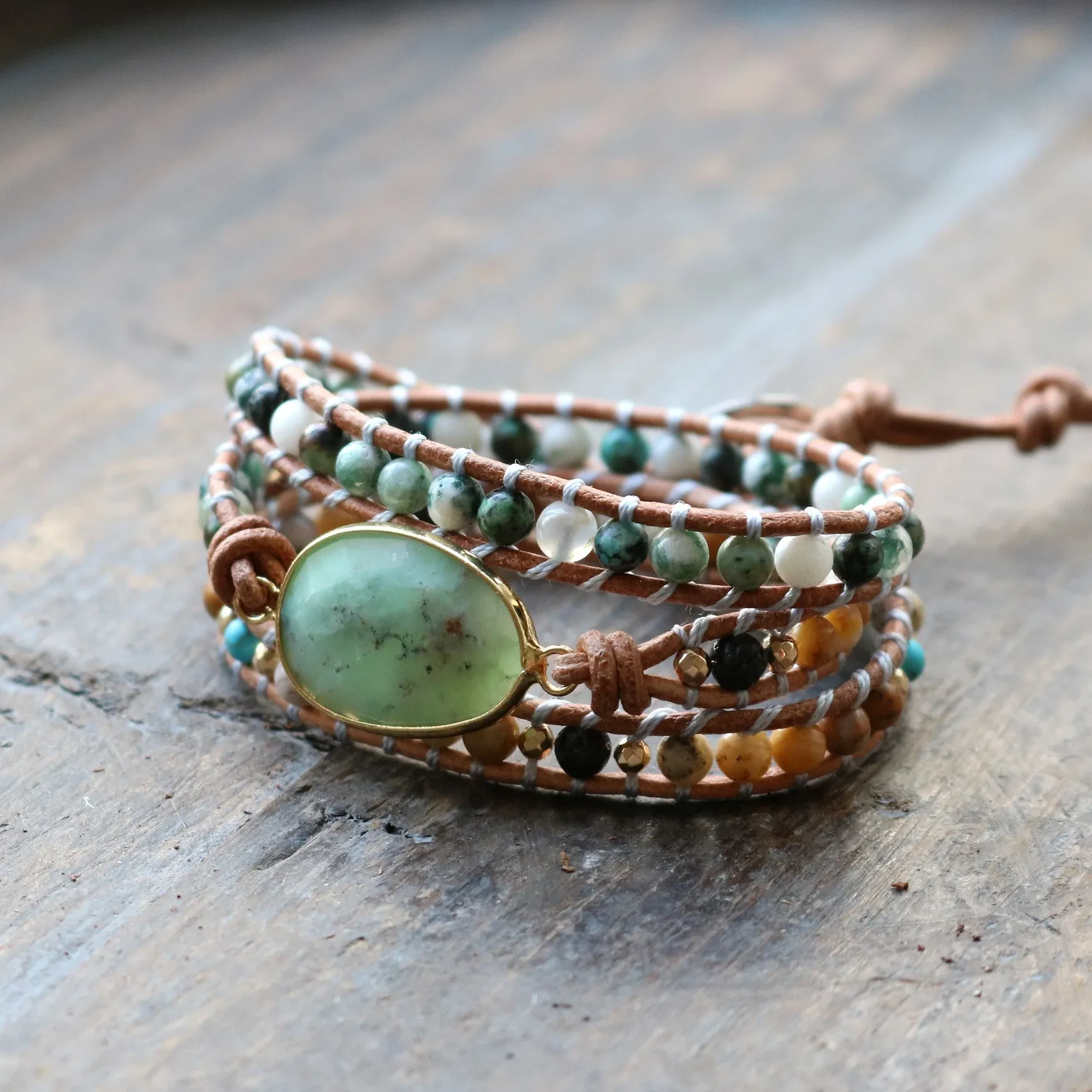 Natural Stone Bracelet Three-Layer Handmade Beaded Ladies Style Jewelry Leather Cord Bracelet