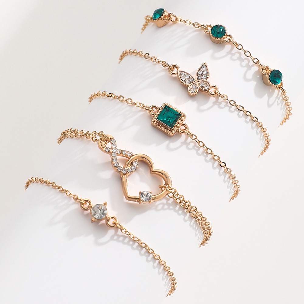 Bohemian 5pc Green Crystal Bracelets Jewelry Set For Women