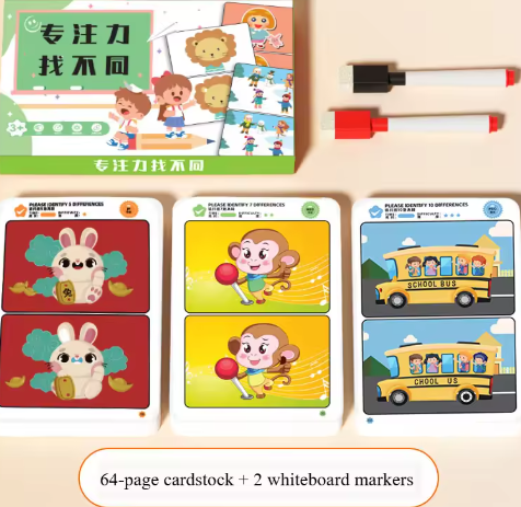 64 Pages Find The Difference Puzzle Game Erasable and Rewritable Focus and Observational Training Brain Development Toy for Kids