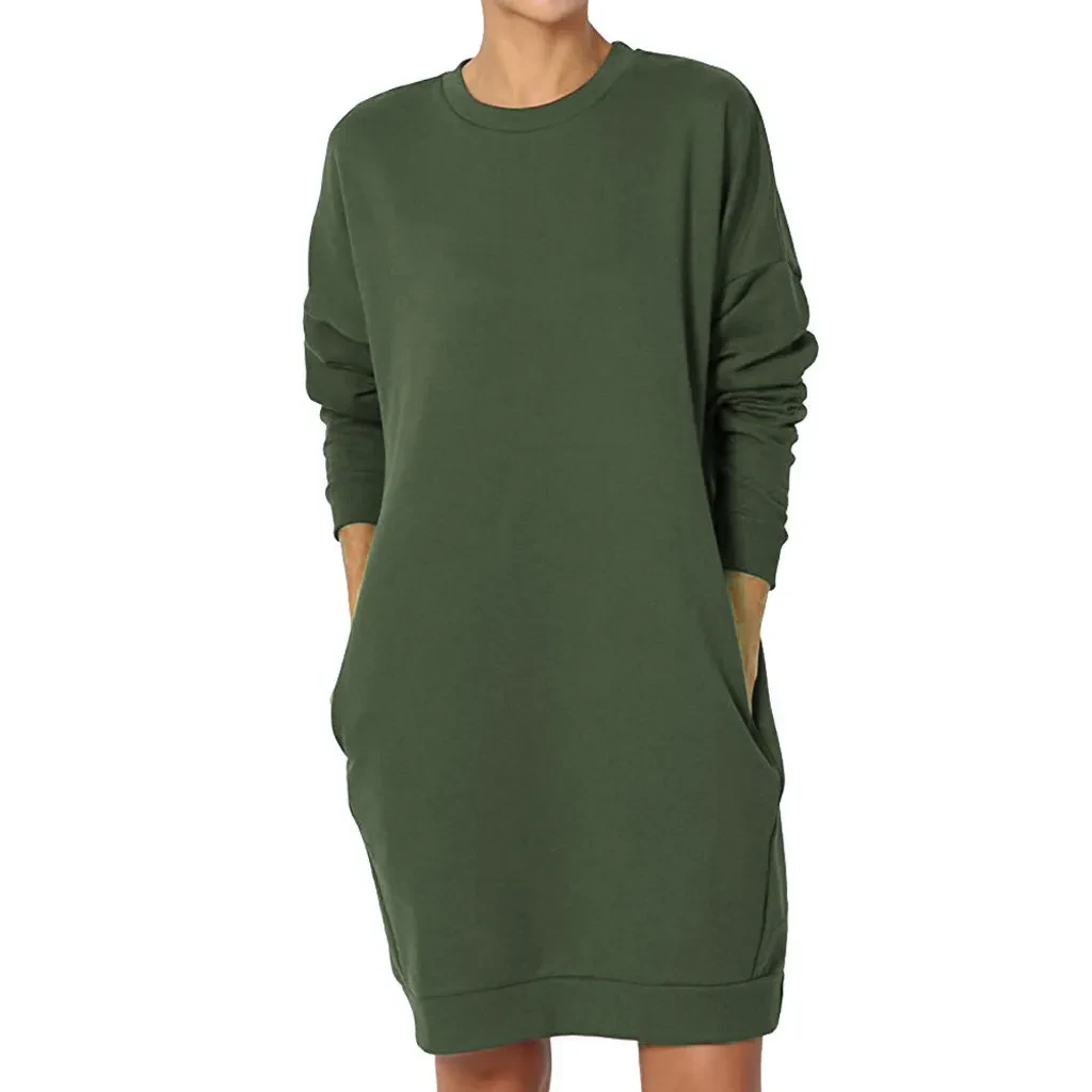 Pullover Round Neck Solid Color Casual Long Pocket Sweatshirt