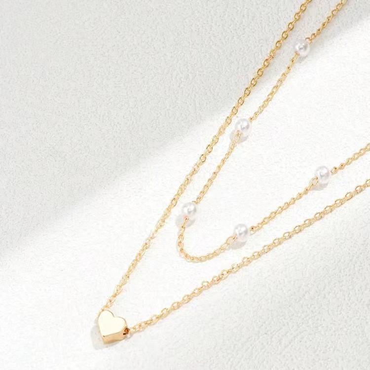 Double Layer Twin Pearl Heart Necklace