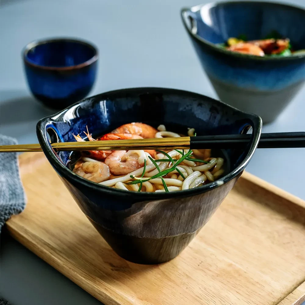 Ceramic Tableware Retro Noodle Soup Bowl Binaural Dessert Cup Pudding Baked Rice Grilled Bowl Fruit Salad Bowl