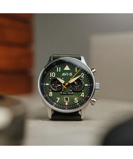 AVI-8 Hawker Hurricane Carey Dual Time Merville Green Dial Quartz AV-4088-02 Mens Watch