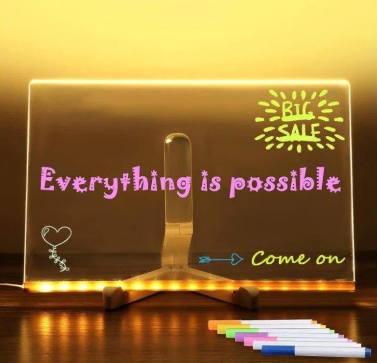 LED Note Board with Colors, Acrylic Dry Erase Board with 7 Colorful Pens
