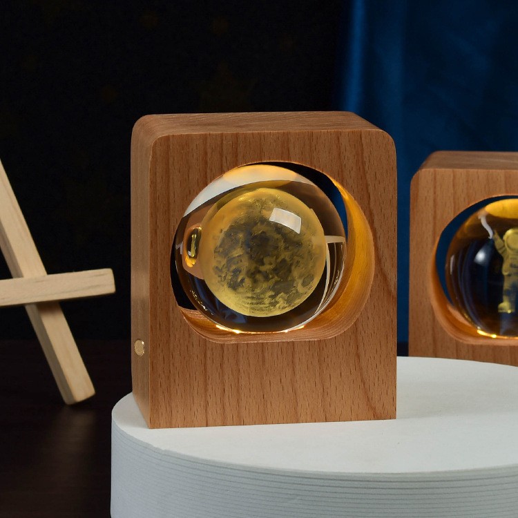 Beech Crystal Ball Night Light 3D Laser Engraving Home Decor