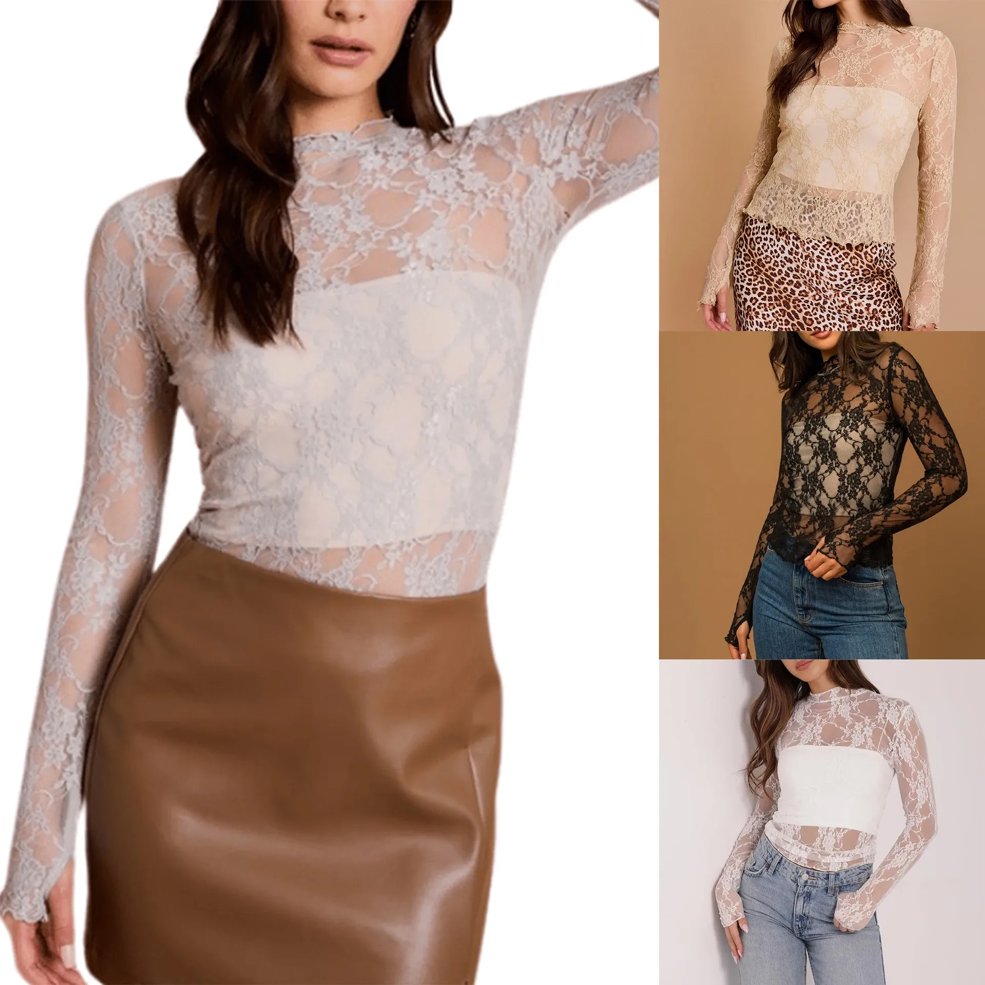 Sheer Mesh Sexy Pure Lace Slim-fit Base T-shirt