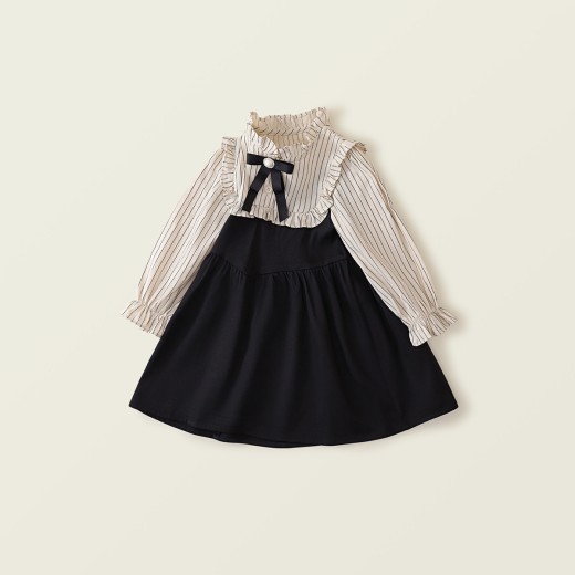 Fake Two-piece Korean Striped Contrast Color Long Sleeve Skirt