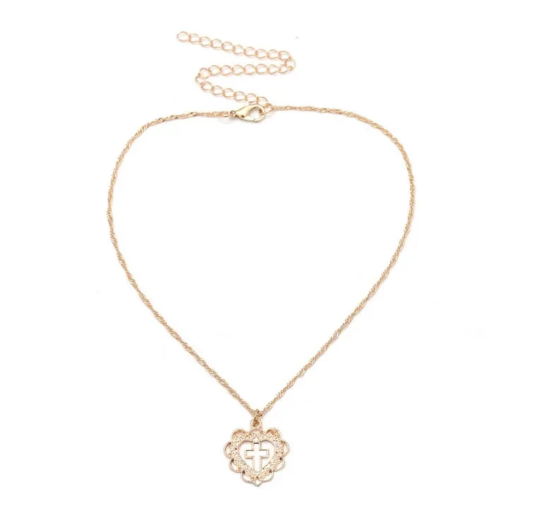 Peach Heart Cross Pendant Necklace