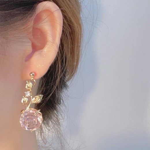 S925 Silver Pin Nightingale And Rose Stunning Rose Asymmetrical Earrings