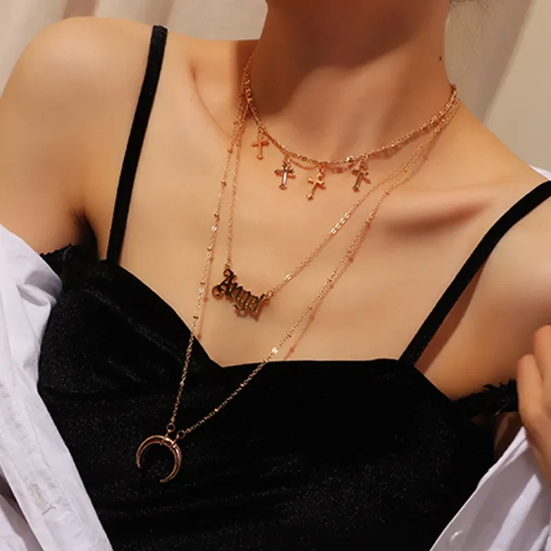 Pendant Metal Crescent Cross Necklace