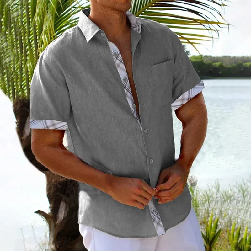Short Sleeve Shirts With Plaid Side Men Clothing