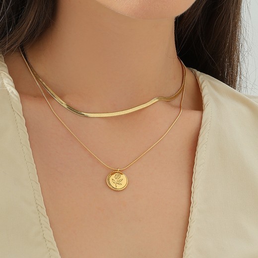 Blade Chain Double Layer Twin Rose Brass Gold Plated Short Necklace