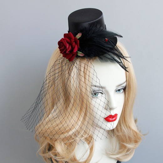 Gothic Punk Vintage Red Rose Feather Mesh Head Accessories