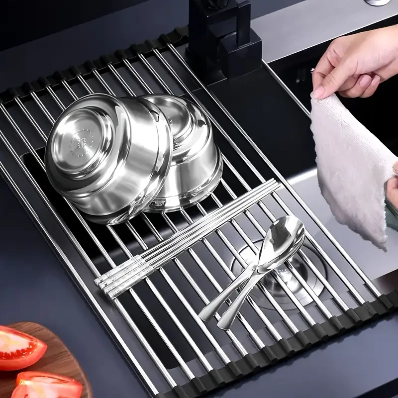 1pc WONGIRL Stainless Steel Roll-Up Dish Drying Rack