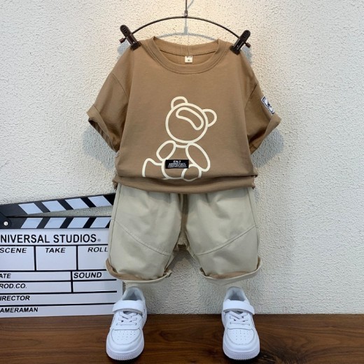 Boys And Girls Solid Color Bear Print Armband T-shirt Short Sleeve Two-piece Set