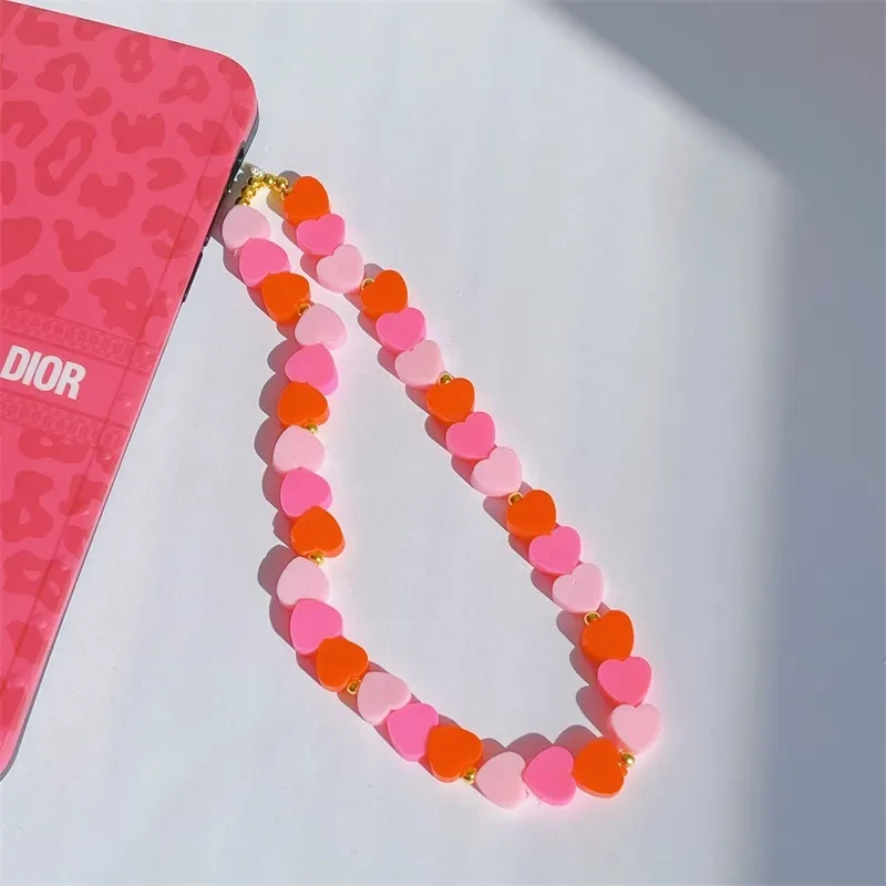 Polymer Clay Love Gradient Color Heart Pattern Mobile Phone Lanyard