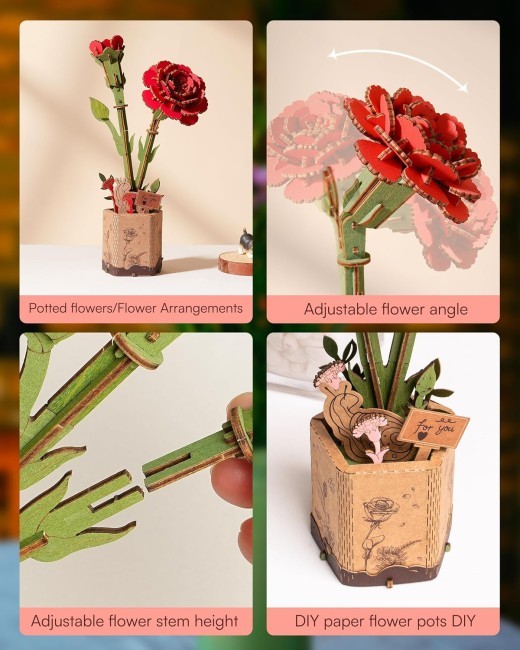 ROlife 3D Puzzle Flowers Bouquet Wooden Craft Model Kits For Adults DIY Eternal Flowers Romantic Gift For Women Men Teens Valentine Day Mother Day Birthday Gift Red Carnation