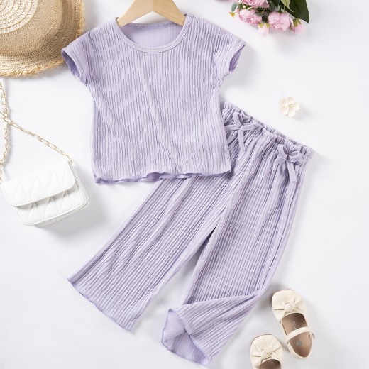 Girls Casual Style Solid Color Short Sleeve Trousers Suit