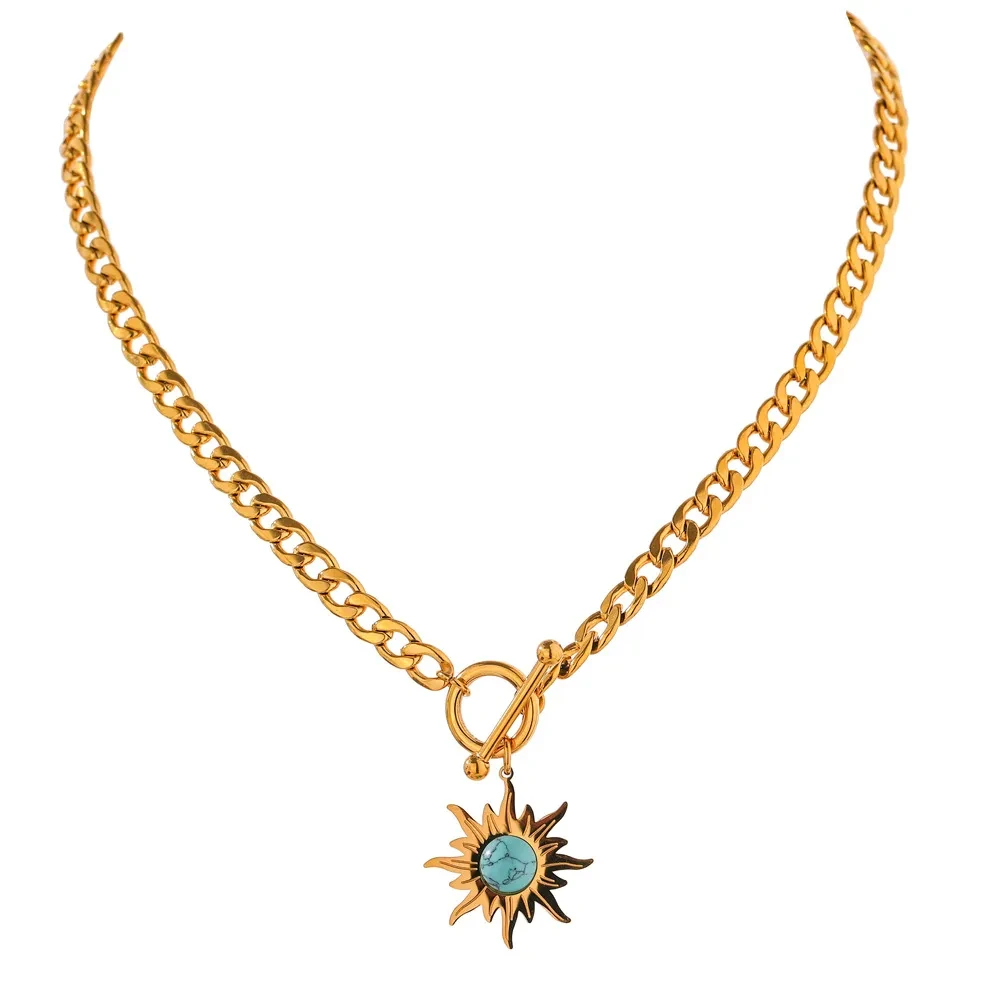 Sunflower Turquoise Pendant Titanium Steel Necklace