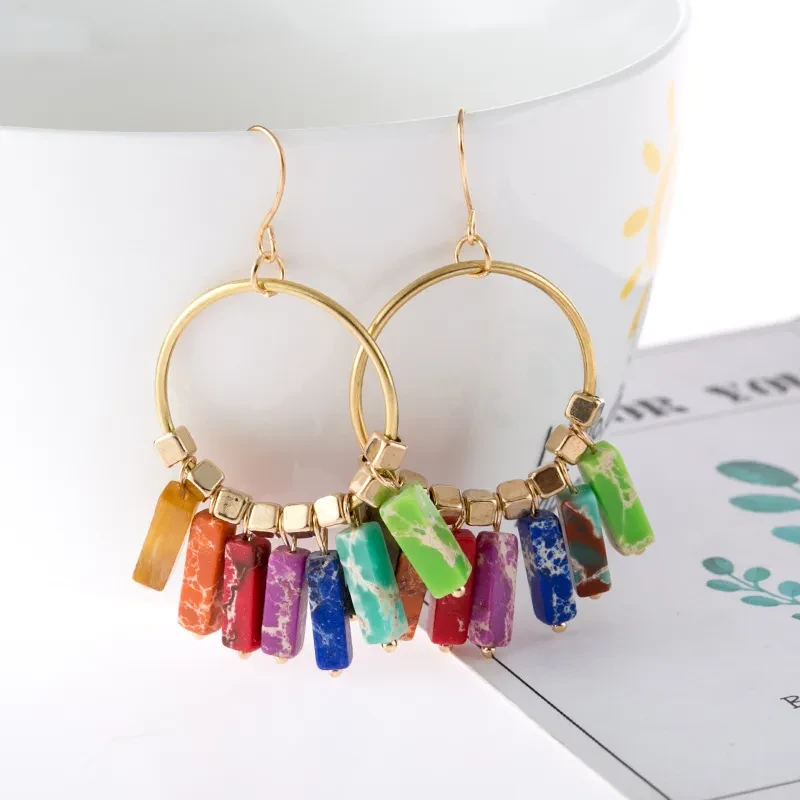 Bohemianx Chakrasx Rainbowx Resinx Stonex Earringsx Womenx Tribalx Jewelryx Goldx Colorx Hollowx Roundx Tasselx Pendantx Earringsx