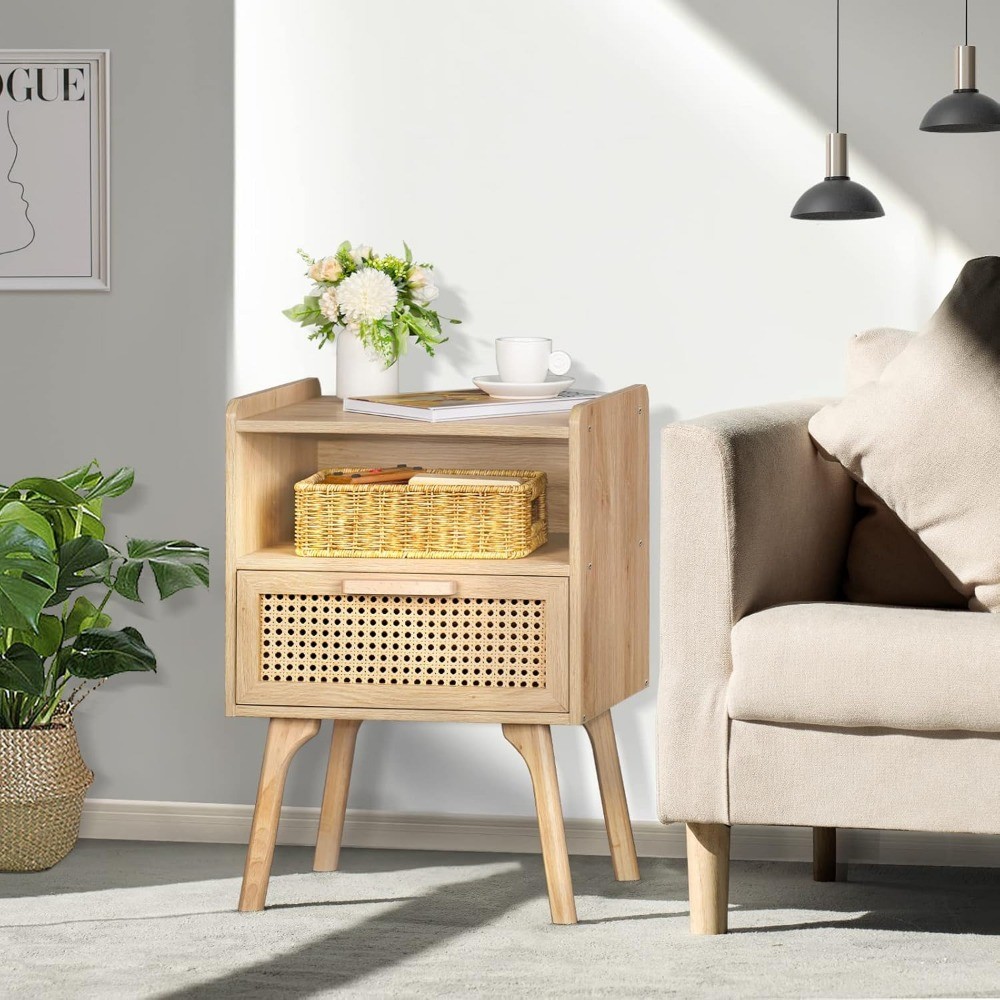 Rattan Nightstands Set of 2 - Cane Accent Bedside End Table with Solid Wood Legs for Bedroom, Dorm, and Small Spaces
