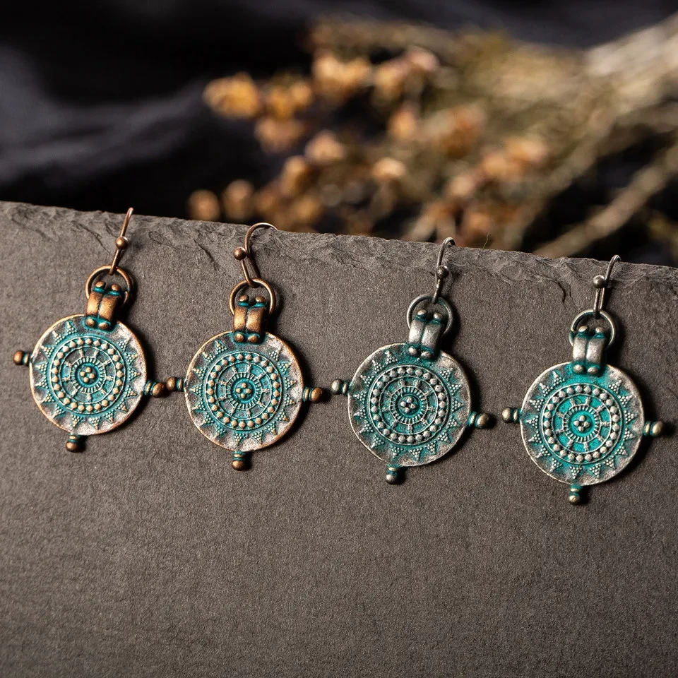 Vintage Roulette Shaped Carved Pendant Earrings