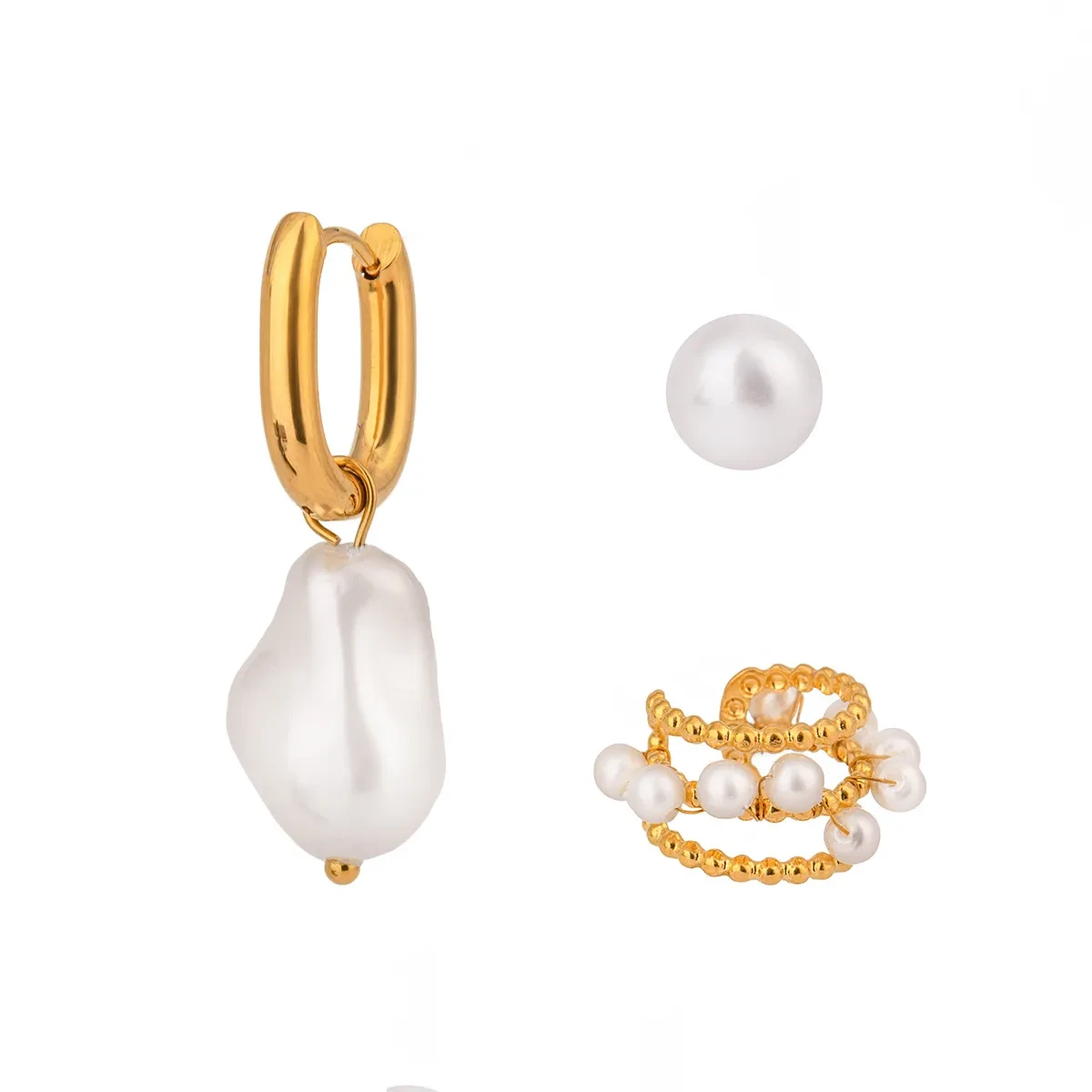 18K Gold Stainless Steel Pearl Round Beads Shell Pearls Ear Clip Earrings