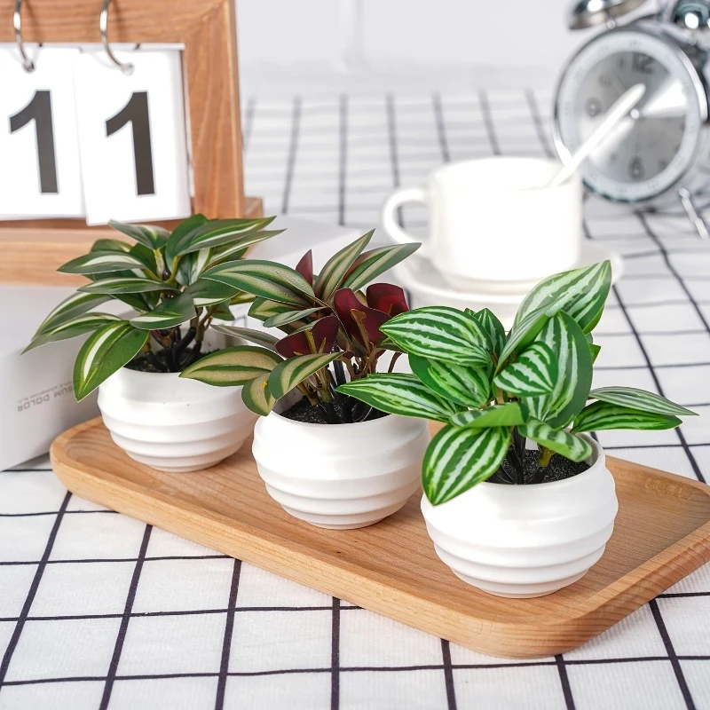 3pcs Valentine's Day Artificial Bonsai Plant Set, Lifelike Plastic Potted Greenery, Indoor Decor, No Electricity or Battery Needed