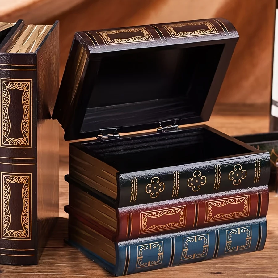 Vintage Wooden Storage Box with Ornate Book Design