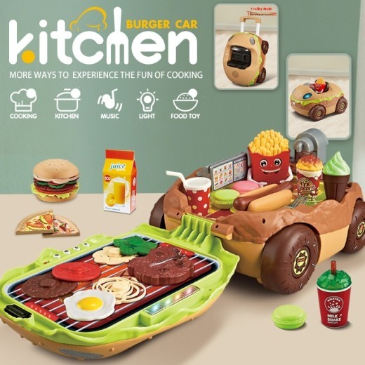 Large European And American Children Play House Kitchen Toy Hamburger Barbecue Cooking Kitchenware Tableware Sales Pushcart
