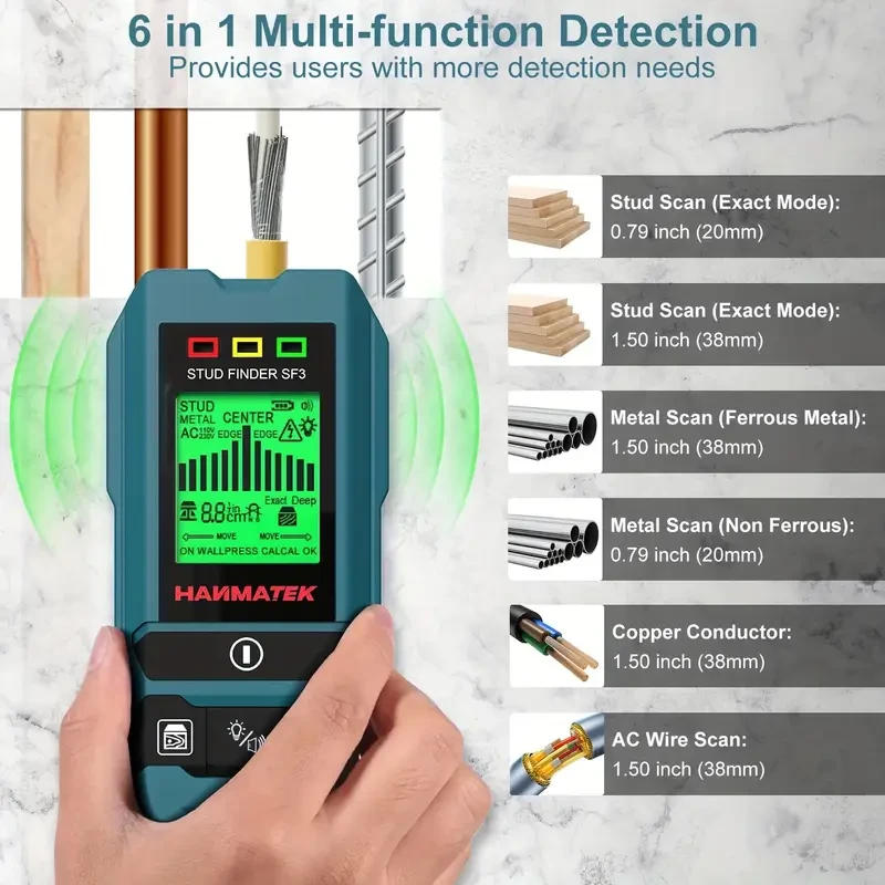 HANMATEK SF3 Stud Finder Wall Scanner with Audio Alarm & HD LCD Display