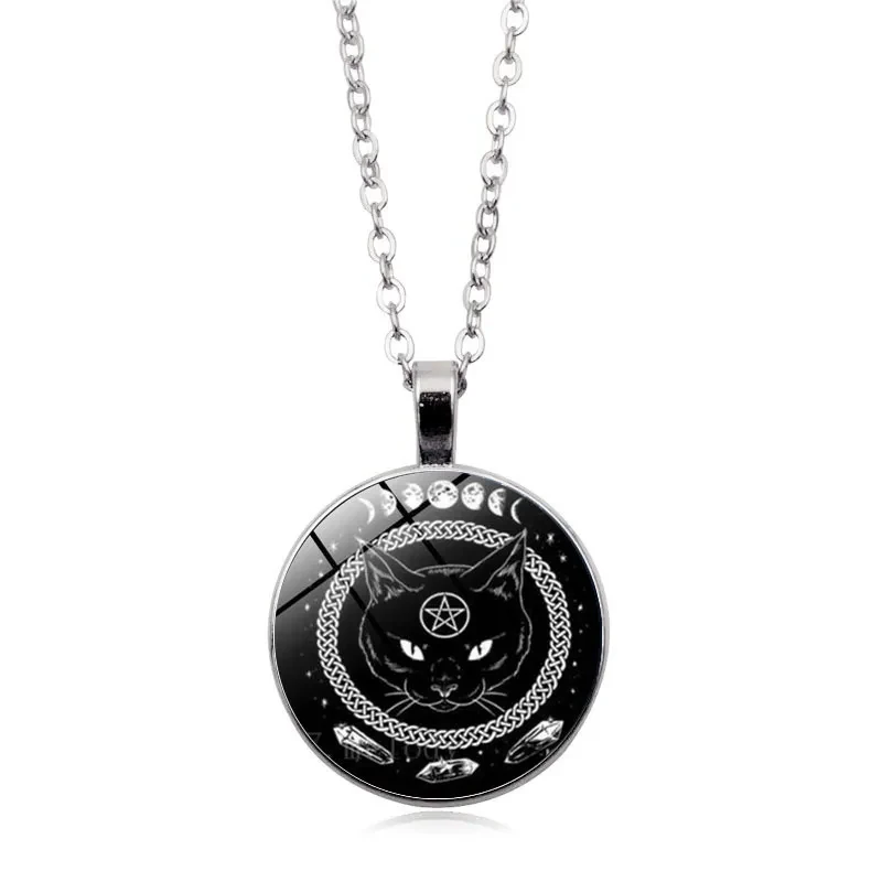 Fashion Black Cat Five-pointed Star Time Gem Cabochon Necklace