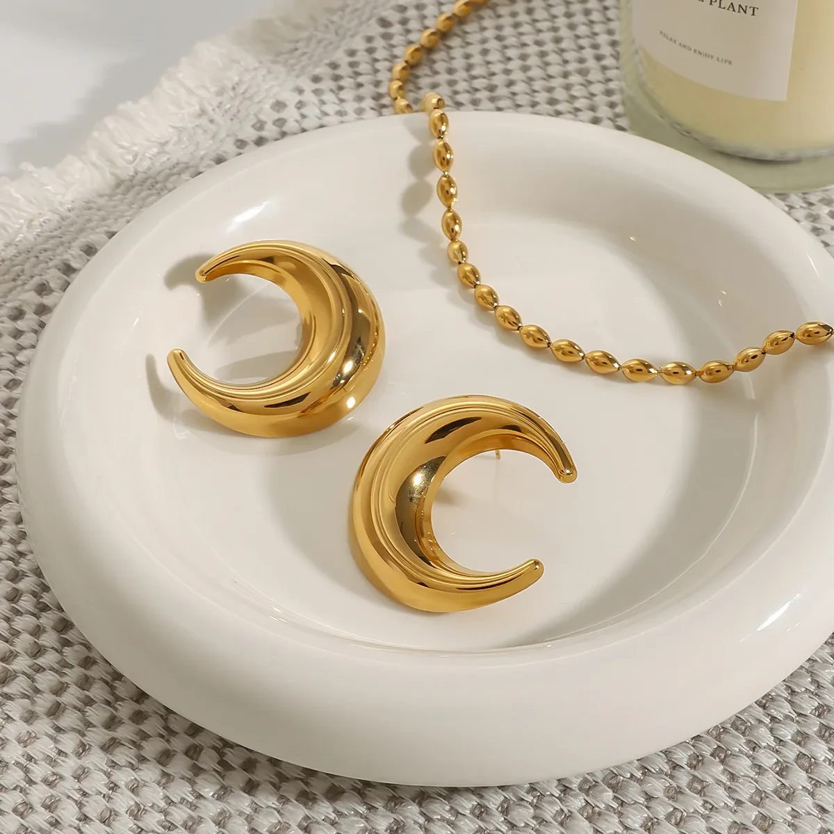 Stainless Steel Gold Earrings Titanium Steel Moon Studs