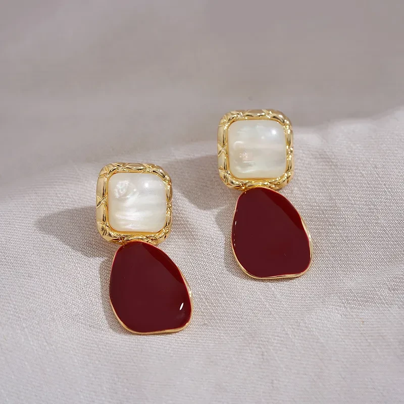 New Sterling Silver Needle French Style Temperament Irregular Wine Red Earrings