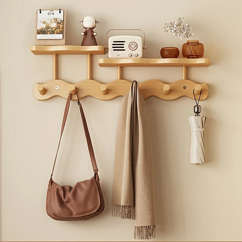 1pc PMMJ Bamboo Over-the-Door Coat Rack with Hooks, Wall Mount Shelf, No-Drill Installation, Multipurpose Organizer for Living Room, Bedroom, Entryway